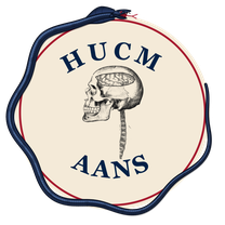 HUCM AANS crest: an etched skull opened to show the brain, HUCM above and AANS below, wrapped by a blue serpent